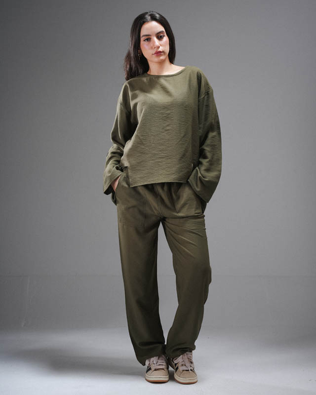 Olive  Linen Set Of Top and Pants