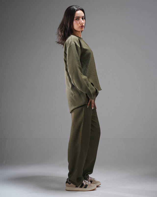 Olive  Linen Set Of Top and Pants